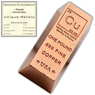 Unique Metals Briefbeschwerer für Barren aus Kupfer, 999 Pure Chemistry Element Design, mit Echtheitszertifikat