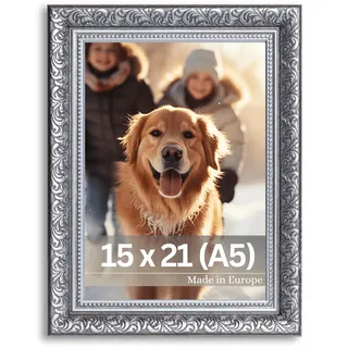 VictoR Vintage Bilderrahmen „Rubens“ in 15x21 cm (A5) Schwarz Silber - Leiste: 30x20mm - Echtglas - Fotorahmen Barock - Antik - Bilderrahmen 15x21 Schwarz - Fotorahmen A5 Vintage