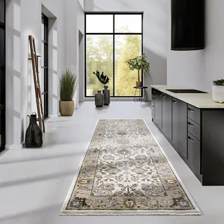 Villeroy & Boch Kurzflor Teppich Egon - Orientalischer Wohnzimmerteppich - Klassischer Fransenteppich für Wohnzimmer, Schlafzimmer, Esszimmer, Flur – Creme Multifarben, 80x190cm