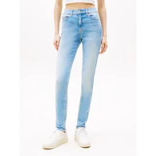 Tommy Hilfiger Skinny-fit-Jeans TOMMY JEANS "NORA MR SKNY AH1280", Damen, Gr. 30, Länge 30, blau (denim light1), Denim/Jeans, Obermaterial: 98% Baumwolle, 2% Elasthan, unifarben, skinny fit lang, Jeans Skinny-fit-Jeans, mit Logo-Badge, Mid Rise
