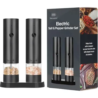 INF Elektrisches Pfeffermühlen Set - Wiederaufladbare Salz- und Pfeffermühle mit Keramikmahlwerk - 2er Pack - Schwarz