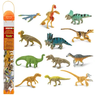 Safari Ltd. Gefiederte Dinosaurier Toob 681904- 12x handbemalte Sammelfiguren in Tube-Apatosaurus, Triceratops, Iguanodon, Corythosaurus, Stegosaurus, Ankylosaurus, Tyrannosaurus rex, Dimetrodon, Velociraptor, Spinosaurus, Diplodocus und Pteranodon