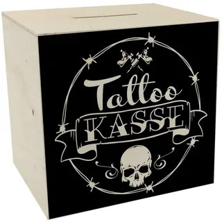 Spardose aus Holz mit coolen Tattoo-Motiven in schwarz - Tattookasse als Geschenk für Punks und Verrückte Freunde die Sich gerne tätowieren Lassen Aber Nicht Immer das nötige Geld