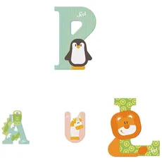 Sevi Tier Holzbuchstaben Name Paul ca. 10 cm, Türbuchstaben für Kinderzimmer, ABC Lernspielzeug aus Holz, pädagogisches Spielzeug für Kinder ab 3 Jahre, Kindernamen Buchstaben Tiere, Mehrfarbig