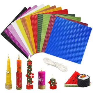 12 Farben Wachsplatten für Kerzen, 20 x 20 cm Bienenwachskerzen, Bienenwachsplatten für Kerzen, Bienenwachsblätter zur Kerzenherstellung mit 3 m Baumwolldocht für Erwachsene & Kinder DIY-Kerzen