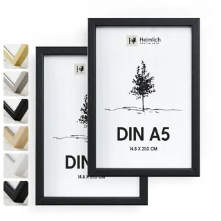 Heimlich® - Bilderrahmen - A5 14,8x21 cm, Ayousholz, Schwarz, 2er-Pack - Diplom-Poster-Collage-Rahmen mit Folienabdeckung - Zur Wandmontage oder Tischmontage