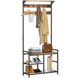 Metall Garderobe stehend garderobenständer Sitzbank 182x30x84cm Braun | Leader Accessories Flurgarderobe mit Schuhablage Jackenständer für Vorzimmer Eingangsbereich stabil und platzsparend
