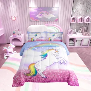 Loussiesd Dreamy Einhorn-Tagesdecke, Einzelgröße, für Kinder, Mädchen, gesteppt, für Damen, Farbe: Regenbogenpferd, mit 1 Kissenbezug, weiche Mikrofaser, Winter, Sommer, Daunenbetteinlage