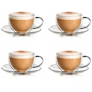Creano Thermo-Tasse doppelwandige Tee-/Latte Macchiato Cappuccino Tasse mit Untersetzer 250ml, 4er Set