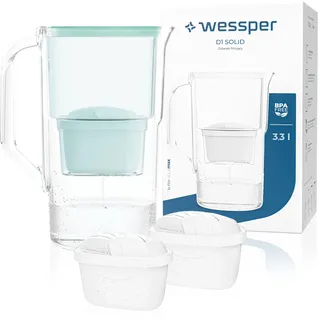 Wessper Wasserfilter Kanne 2,8 L Aqua Max Basic, Set Wasserkanne und 2 Filter Kompatibel mit Brita Maxtra, Wasserfiltersystem Reduzierung von Kalk, Chlor - Minze