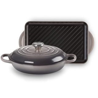 Le Creuset 2-teiliges Set aus Gusseisen, bestehend aus einem Signature Gourmet-Profitopf 26 cm mit einem rechteckigen Grill 32 cm, Flint