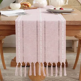 meioro Rustikaler Tischläufer mit Quasten, 33x183cm Landhausstil Boho Table Runner Geflochten Gestreift, Leinen Polyester Tisch Dekoration für Essen Party Urlaub und Hochzeit (Rosa)