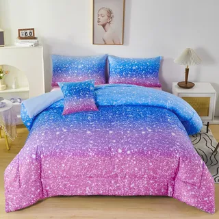 RYNGHIPY 6-teiliges Bettwäsche-Set mit glitzerndem Farbverlauf, Ombré-Indigorosa Farbverlauf, Bettwäsche-Set für Jungen und Mädchen, Regenbogen-Bett in Einer Tasche, Doppelgröße