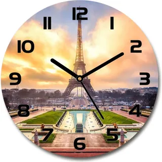 Wanduhr aus Glas 30fi Glasbild Glasuhr Gehärtetes Glas - schwarze-zeiger - Eiffel Tower Paris - Gelb
