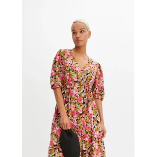 Midikleid BONPRIX, Damen, Gr. 40, N-Gr, mistelgrün, hibiskuspink geblümt, Obermaterial: 85% Viskose, 15% Polyamid, A-Linie, Kleider Midikleid, für Casualmode, aus Viskose und Polyamid, A-Linie, mit kurzem Arm