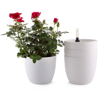 T4U 15cm Selbstwässernder Blumentopf mit Wasseranzeiger Weiß Blumentopf Set 4er-Set, Selbstbewässerung Wasserspeicher Pflanzgefäß Übertopf für Innen- und Außenbereich