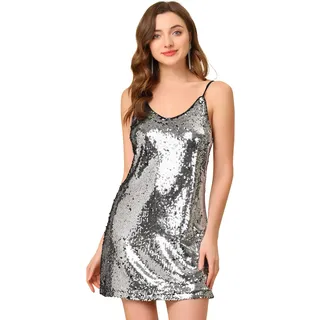 Allegra K Damen Halloween Glitzer Pailletten V Ausschnitt Spaghettiträger Mini Partykleid Clubwear, Silber (mit Schwarz), Groß