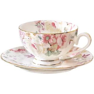 fanquare Rosa Teetasse und Untertasse mit Blumenmuster Vintage Teetasse aus Bone China für Espresso, Cappuccino und Kaffee mit Untertasse und Löffel Geschenke für die Nachmittagsparty