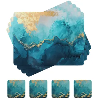 fanquare Platzsets für Esstisch mit Marmor Textur und weicher Korkunterlage - Hitzebeständige Tischsets, 4er Set, Blau, 41x31cm inkl. Untersetzer