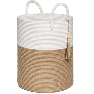 TIMEYARD Wäschekorb, Laundry Baskets, Korb Aufbewahrung, Rattan Korb für Decken, Wäschekorb, Korb Geflochten, Aufbewahrungskorb, Deckenkorb Wohnzimmer,40x50cm, Jute und Weiß