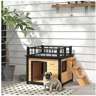 PawHut Hundehütte Hundehaus mit Balkon, Erhöhtes Kleintierhaus mit Treppe, Fenster, Hundehöhle für Kleine, Mittele Hunde, Tannenholz, Gelb, 121 x 77 x 78 cm