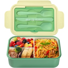 Diboniur Lunchbox Brotdose mit Besteck Erwachsene Kinder 1400ML Bento Box mit Fächern Arbeit Mikrowellengeeignet (Grün)