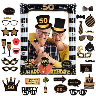 Flintronic 50.Geburtstag Deko Fotorequisiten, Schwarzes Gold Aufblasbarer Rahmen zum 50.Geburtstag und 35 Stück Foto Requisiten, Party Foto Booth Props für Partydeko, Partei Dekorationen