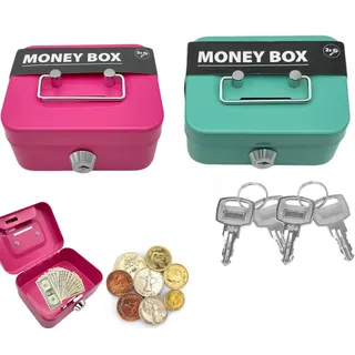 2 Stück Money Box, Geldkassette Abschließbar, Spardose Mit Schlüssel, Geldkassette Aus Stahl Kleine, Metallspardose für Erwachsene (Rosa, Grün)