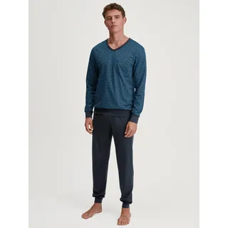 Schlafanzug CALIDA "Relax Imprint 3", Damen, Gr. XL (56), blau (nordic), Single Jersey, Obermaterial: 100% Baumwolle, bequem lang, V-Ausschnitt, angesetztes Bündchen, Homewear-Sets Schlafanzug, Gemustertes Oberteil mit V-Ausschnitt