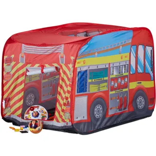 Relaxdays Spielzelt Feuerwehr, Pop up Kinderzelt mit Automotiv, für Drinnen und Draußen, 70x110x70 cm, ab 3 Jahre, rot