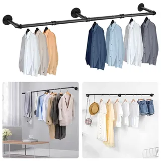 Duscdesp Kleiderstange Wandmontage Industrial Garderobenstange Schwarz, Kleiderstange Wand Schwerlast Kleiderstangen Metall, Platzsparenders Kleiderständer für die Wand Decke Schlafzimmer (180cm)