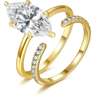 BONLAVIE 3.5CT Marquise Schliff Verlobungsring Set Zirkonia Ringe für Damen 14K Gold Plattiert Eheringe Set CZ Verstellbar Halb Ewigkeitsring Größe 49.3(15.7)-60 (19.1)