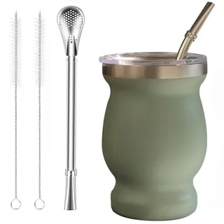 Beruth Yerba Mate Tee Set (Mate Becher), Edelstahl-Teetassen-Set mit einem multifunktionalen Deckel, zwei Trinkhalmen und Reinigungsbürsten, Wärmeisolierung, Verbrühungsschutz (Grün)