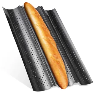 Feelino Backformen, Baguette Backform aus Carbonstahl, Spülmaschinenfestes 3er Baguette-Backblech, Baguetteblech mit 3 Mulden, Brötchen Backform Gelocht, Brot Backen Zubehör, Antihaft Metall-Backform