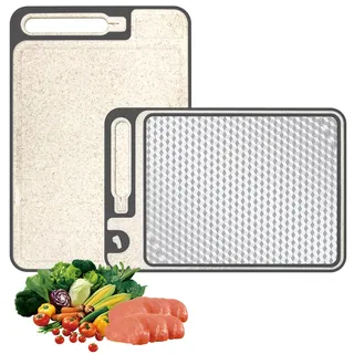 2-in-1 Doppelseitiges Schneidebrett Edelstahl 304 und Naturfasern 37 × 25 CM, Multifunktionales Küche Schneidebretter Rutschfest mit Saftrille und Mahlbereich, für Gemüse, Fleisch, Obst