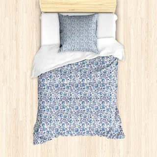 ABAKUHAUS Blumen Mantele, Blühende Glockenblumen, Milbensicher Allergiker geeignet mit Kissenbezügen, 135 cm x 200 cm - 80 x 80 cm, Türkis Dunkelblau
