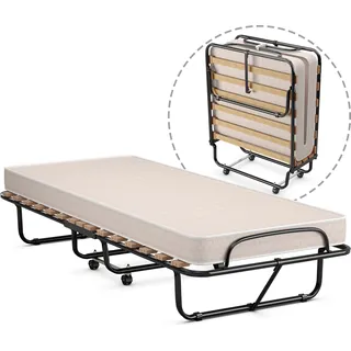 COSTWAY 80x190cm Gästebett klappbar, Faltbett mit Matratze aus Rückstellschaum, Klappbett mit Stahlrahmen 120kg belastbar, Metallbett auf Rädern, für Büro Gästezimmer - Beige, Schwarz