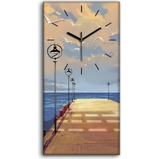 Wanduhr Leinwand Bild Uhr Geräuschlos 30x60 Brücke zum Meer schöner Himmel - schwarze Hände - Blau