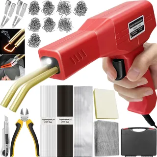 220W Kunststoff Schweißgerät 2 in 1 Stoßstangen Reparatur Set Kunststoff Schweißen mit 800PCS Hot Hefter, 2 Thermischer Glättkopf, 40PCS Kunststoffs-Schweißstäbe, Kunststoffs Reparaturset Auto(Rot)