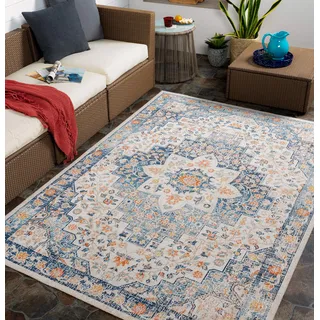 Livabliss Assa Outdoor Teppich wetterfest - In und Outdoor Teppich für Balkon 160x213 cm, Terrasse, Garten, Küche - Teppiche Boho Style für draußen - Blau, Beige, Rost