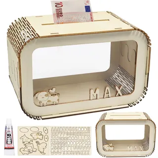 Holz Spardose, Sparschwein mit Buchstaben A-Z, 5 Tier-Accessoires, Handgefertigter Name, DIY-Geldgeschenken, Hilft, die Gewohnheit des Sparens zu Entwickeln