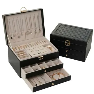 KIVEA Schmuckaufbewahrung Organizer Box, 3-teiliges Set mit Mehreren Fächern, Schmuckkästchen für Ringe Ohrringe Ketten, Holz mit Samtfutter, Schwarz