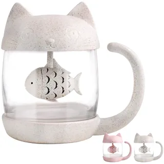 BigNoseDeer Katzen Glas Tee Becher Wasser Flasche mit Fisch Tee Infuser Sieb Filter 250ML (8OZ)