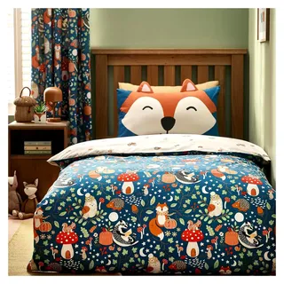 Wende-Bettwäsche-Set mit Kissenbezug, für Einzelbett, Grün mit Fuchs und Waldtieren - Grün