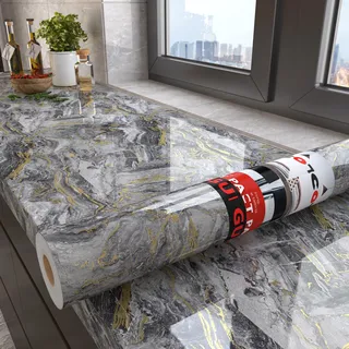 Decotalk Klebefolie Möbel Wasserdicht Marmor Folie Grau Mit Gold Wellenform 40X500cm Selbstklebende Tapete Grau Marmoriert Küchenarbeitsplatte Badezimmer Möbelfolie Küche Marmor Tisch Wasserdicht
