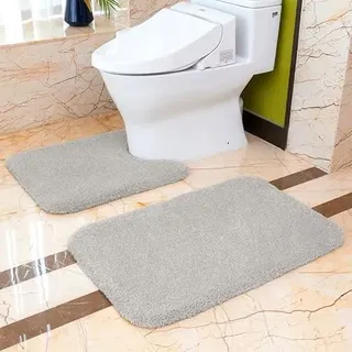 VANZAVANZU Badematten Set 2 Teilig rutschfest Badvorleger Verdickt Badteppich Weich Flauschige Mikrofaser Badezimmer Teppich, 50 x 80cm Badeteppich + 50 x 60cm WC Vorleger (Hellgrau)