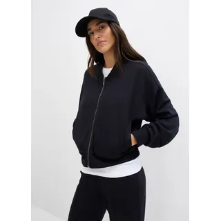 Blouson BONPRIX, Damen, Gr. 48/50 (XL), schwarz, Sweatware, Obermaterial: 48% Polyester, 48% Viskose, 4% Elasthan, unifarben, oversize taillenbedeckt, Rippbündchen, Jacken Blouson, aus Sweatware mit Stehkragen und Eingriffstaschen