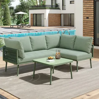 3-teiliges Terrassenmöbel-Set, L-förmiges Garten-Lounge-Set aus Seil mit Sitzkissen, Terrassen-Sitzgruppe aus Eisen für Terrassen, Balkone, Gärten, Gr - Grün