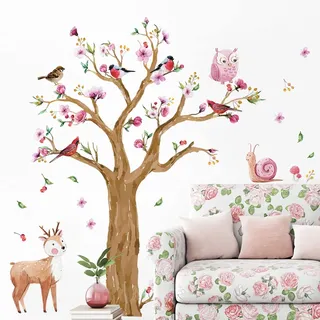 WandSticker4U®- [extra groß] Wandtattoo Kinderzimmer BAUM & BLUMEN XXL (135x215 cm) I Wandsticker Mädchen Baum groß Wald-tiere Aquarell I Wandaufkleber Wanddeko Babyzimmer Mädchen & Junge