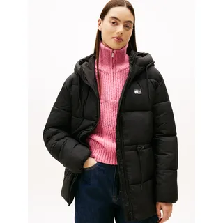 Steppjacke TOMMY JEANS "TJW HOODED MIDI PUFFER JACKET", Damen, Gr. L (42/44), schwarz, Web, Obermaterial: 100% Nylon. Futter: 100% Polyester. Füllung: 100% Polyester, unifarben, regular fit wadenlang, Jacken Steppjacke